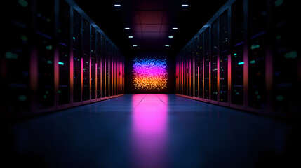 Poster - Futuristic data center corridor with neon pink and purple lighting reflecting on floor, leading to vibrant multicolored glow at end. Modern server room interior.