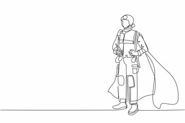 Poster - Continuous one line drawing male firefighter in full uniform and wings holding waist. Hero who fights when fire devours buildings. National Superhero Day. Single line draw design vector illustration