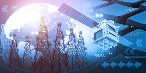 Poster - Satellite with modern communication towers. Abstract technology background. 3d illustration