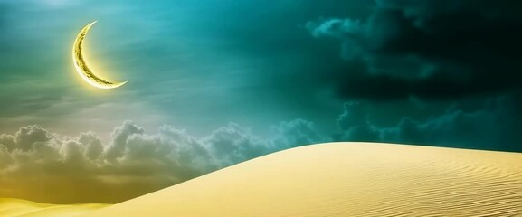 Wall Mural - the sky is dark and cloudy, with a crescent moon shining brightly in the middle. the clouds cover th