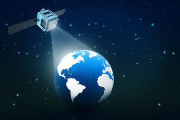 Poster - Satellite transmit signals to earth globe. 3d illustration