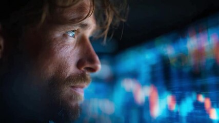 Poster - Analyst's Focus: A close-up shot captures a focused individual intently studying financial data on a screen, symbolizing dedication and analysis in the realm of finance.