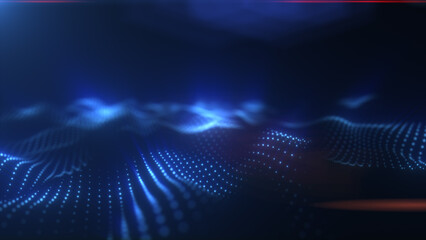 Poster - Abstract blue digital particles forming wave patterns with soft glow, futuristic tech background