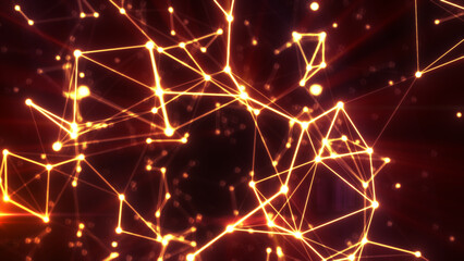 Poster - Bright orange digital network with glowing connections radiating across a dark red backdrop, symbolizing energy and connectivity