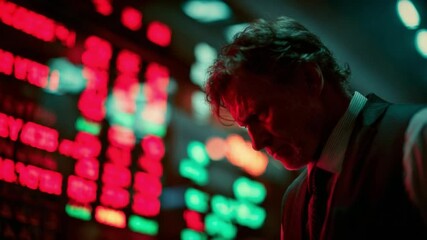 Poster - Contemplative Trader Analyzing Stock Market: A focused trader engrossed in analyzing real-time market data on a large display, deep in thought as the financial world unfolds before them. 