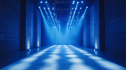 Poster - Empty fashion runway stage illuminated with blue lights ready for a show or event venue in modern minimalist style