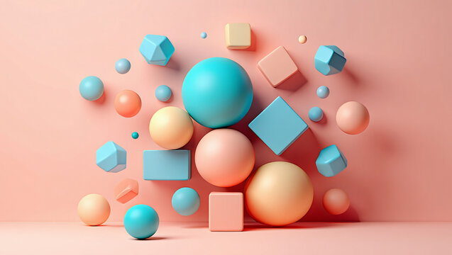 Pastel colored 3d shapes floating on pink background