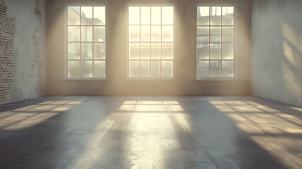 Poster - Empty loft room with sunlight streaming through windows illuminating hardwood floors and brick walls creating an atmospheric interior