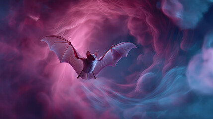 Poster - Bat with velvet wings spins within vibrant vortex of swirling pink and blue mist, creating mystical and ethereal atmosphere