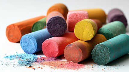 Fototapete - Cheerful assortment of colorful chalk crayons is displayed, showcasing vibrant hues like orange, purple, yellow, and blue. chalks are arranged casual pile, with some powder scattered around