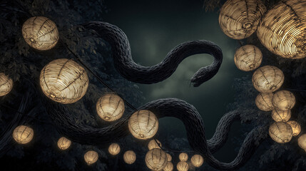 Poster - Mystical scene features obsidian serpent weaving through air amidst glowing lanterns, creating enchanting atmosphere in dark forest. interplay of light and shadow adds to surreal ambiance