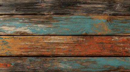 Poster - Close up of weathered wood panels with peeling paint in shades of blue, orange, and brown, showcasing rustic and textured surface. aged appearance adds character and charm