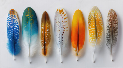 Poster - Colorful feathers arranged in row display spectrum from vibrant blues to rich oranges and soft pastels, showcasing intricate patterns and textures