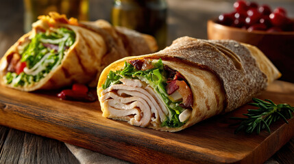 Poster - Delicious wrap filled with turkey, fresh lettuce, and vibrant fillings is placed wooden board, creating rustic and appetizing presentation. textures of toasted bread and vibrant fillings