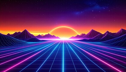 Poster - Retro Futuristic Digital Landscape With Neon Grid And Sunrise