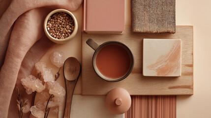 Leinwandbilder - Warm, earthy flat lay featuring ceramic cup of tea, wooden spoon, and natural materials like fabric and tiles, creating cozy and organic atmosphere