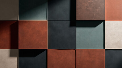 Poster - Geometric pattern of square tiles in various shades of red, black, and teal creates modern and bold visual effect. subtle matte surface of tiles adds texture and depth to composition