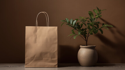 Poster - Brown paper bag with handles stands next to potted plant against brown background, creating minimalist and eco friendly aesthetic