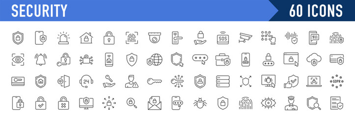Poster - Security web icons in line style. Guard, cyber security, password, smart home, safety, data protection, key, shield, lock, unlock, eye access. Vector illustration.