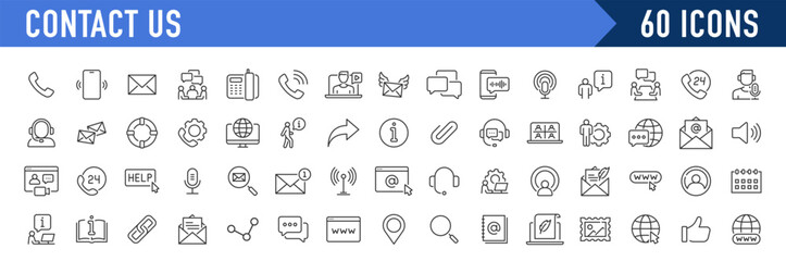 Poster - Contact Us web icons in line style. Web and mobile icon. Chat, point, chat, support, message, phone, globe, call, info collection. Vector illustration.