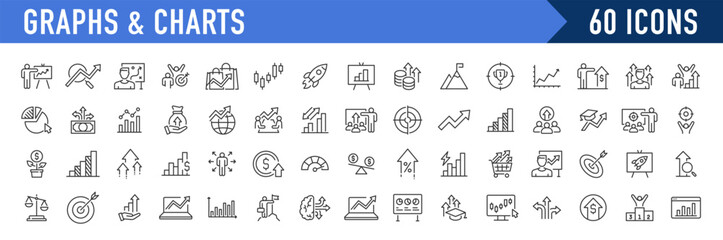 Poster - Graph and Charts web icons in line style. Graphics, infographic, statistics, data, diagrams, economy reduction, finance, down or up arrow, business, increase, decrease. Vector illustration.