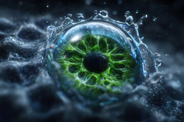Poster - Vivid green eye reflecting nature amidst splashing water droplets