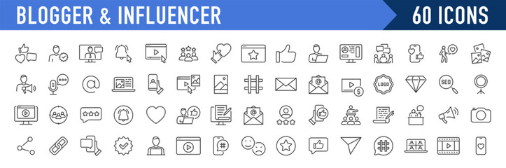 Poster - Blogger and Influencer web icons in line style. Blog, monetization, personal brand, video, likes, social media, collection. Vector illustration.