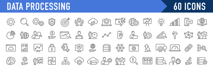 Poster - Data Processing web icons in line style. Analytics, gear, network, statistic, filter, diagrams, technology. Icon collection. Vector illustration.