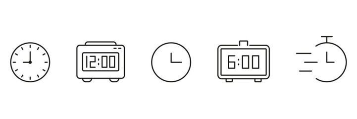 Poster - Clock And Timer Line Icon Set. Time Management, Alarm, And Stopwatch Outline Symbol Collection. Analog And Digital Clocks, Speedy Timer. Editable Stroke. Isolated Vector Illustration