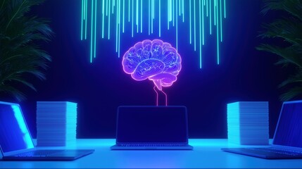 Poster - AI brain connected to corporate laptop image render 3d. Automation of routine business tasks for company growth background realistic graphic. Conceptual idea, visual storytelling