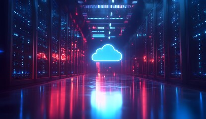 3D rendering of a cloud icon floating above rows of server equipment in a data center with glowing blue lights, symbolizing cloud computing technology.