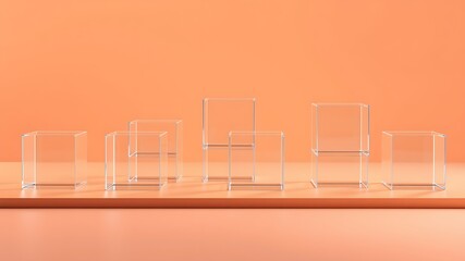 Canvas Print - Eight Clear Glass Cubes Arranged on Peach Colored Platform Minimalist Product Display Scene