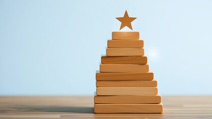 Poster - Light Brown Wooden Blocks Stacked Pyramid Gold Star Top Achievement Success image