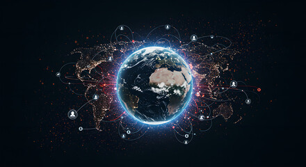 Poster - Earth globe with connected network dots and lines. Global communication, social network and business data exchange concept.