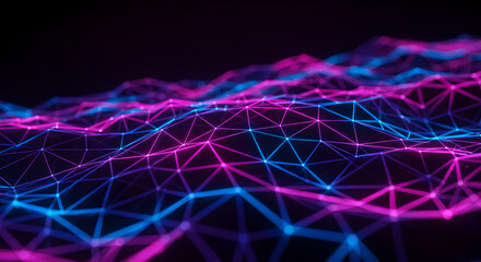 Poster - Abstract network data connection. Pink and blue lines with glow dot. Big data digital background for modern technology, science or business.