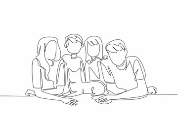 Poster - Single continuous line drawing a pair of father and mother lying face down, a boy and a girl sitting on the floor. Happy together. Fun. National Pet Parents Day. One line design vector illustration