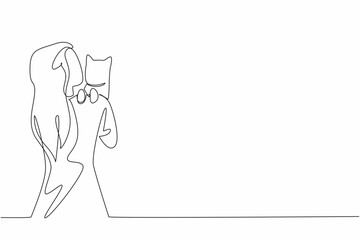 Poster - Single one line drawing a woman hugs and kisses a cat perched on her shoulder. Loving animals is like loving children. Adorable. National Pet Parents Day. Continuous line design graphic illustration
