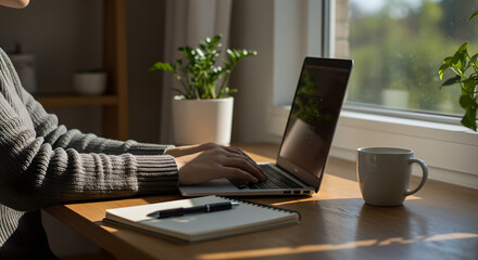 Poster - woman typing on laptop at home. business education concept of student studying online. remote work d