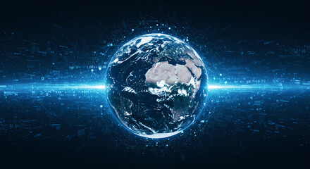Poster - Earth globe with digital data connection. Global network technology concept. Communication business information transfer background for web banner.