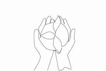 Poster - Single continuous line drawing two hands holding a newly grown tree with its soil. People who care about the environment. Presenting trees. Go green. Day of Trees. One line design vector illustration