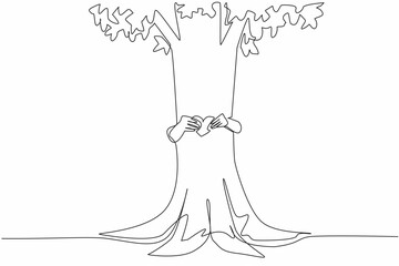 Poster - Single one line drawing two hands hugging a tree from behind while holding a heart shaped paper. Symbol of protecting nature. Green earth. Day of Trees. Continuous line design graphic illustration
