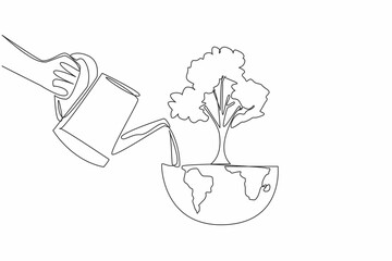 Poster - Single continuous line drawing a hand watering a tree on half the globe using a watering can. An activity to green the earth. Clean from pollution. Day of Trees. One line design vector illustration