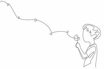 Poster - Continuous one line drawing boy holds a dandelion and blows on it so that the flakes fly. Pray and float the hopes into the sky. Dream. World Wish Day. Single line draw design vector illustration