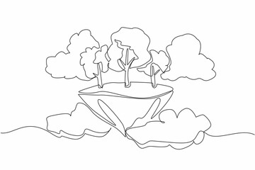 Poster - Continuous one line drawing some trees on floating pieces of land. Like in a fairy tale. A beautiful place surrounded by bright clouds. Eco. Day of Trees. Single line draw design vector illustration
