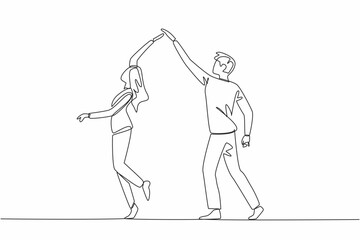 Poster - Continuous one line drawing married couple dancing on dancefloor. Hold hands, making gentle turns. Romantic atmosphere adds warmth. International Dance Day. Single line draw design vector illustration
