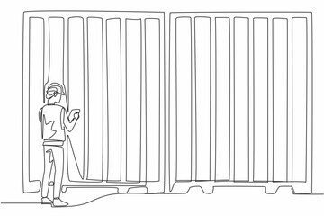 Poster - Single continuous line drawing a man wearing helmet holding a clipboard. Initial or final inspection. Goods received or to be shipped. National Supply Chain Day. One line design vector illustration