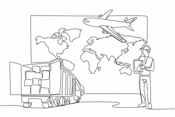 Poster - Continuous one line drawing A man wearing a project vest and helmet is holding a clipboard. Busy in the logistics warehouse. National Supply Chain Day. Single line draw design vector illustration