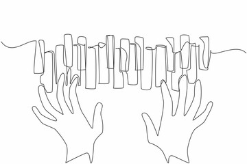 Poster - Single continuous line drawing hands pressing the piano keys which are arranged irregularly. Advertising needs for classical music lovers. International Jazz Day. One line design vector illustration