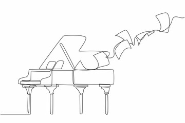 Poster - Continuous one line drawing a grand piano on top of which there are flying sheets of paper. The musical performance is over. Fest. International Jazz Day. Single line draw design vector illustration