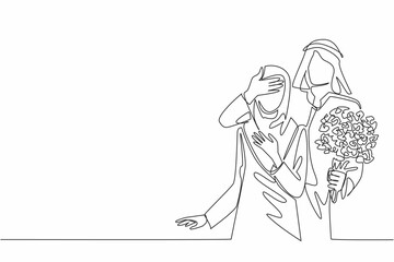 Poster - Single continuous line drawing the husband stands behind his wife and covers her eyes with hands. Expression of gratitude with a surprise. Couple Appreciation Day. One line design vector illustration
